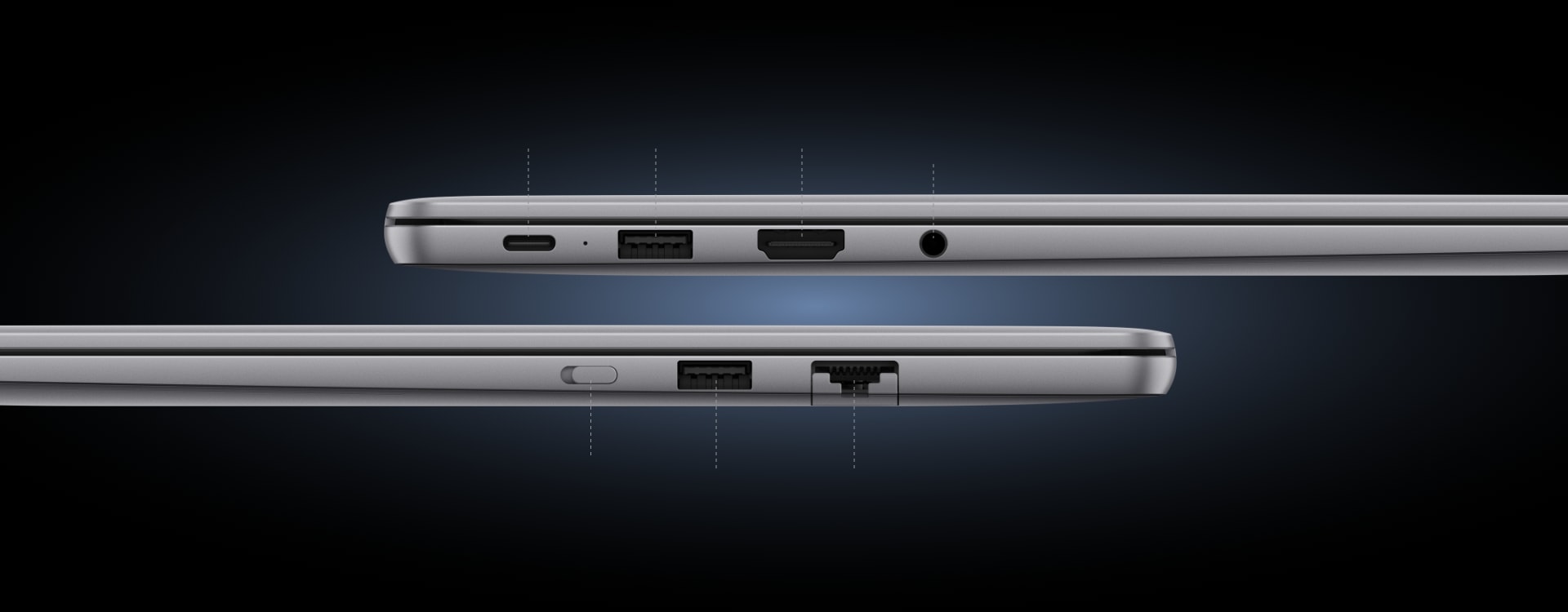 华为擎云 HM740 的侧视图，展示了丰富的功能接口