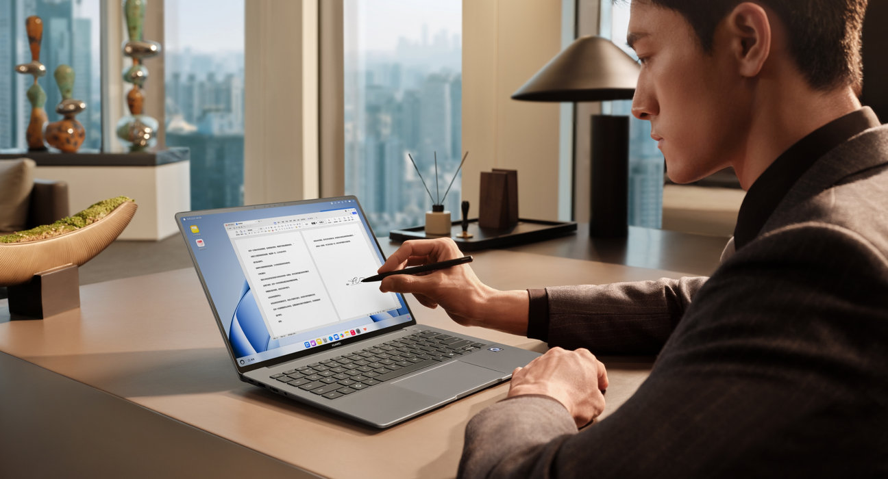 用户使用华为擎云 HM740 与 HUAWEI M-PEN 3 协同办公，展示了书写模式