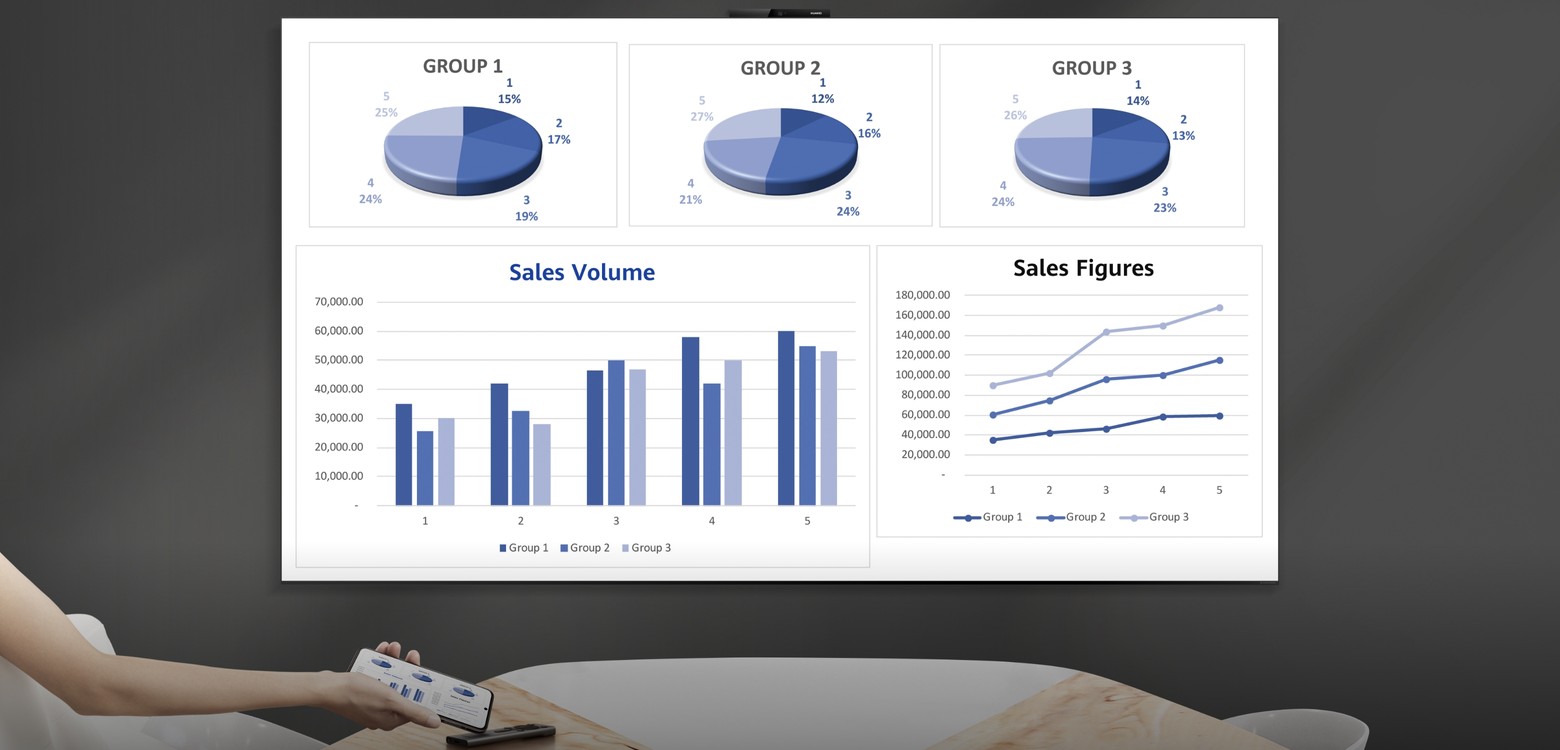 用户使用手机轻碰一下华为灵犀指向遥控，华为智慧屏 B9 上即可显示出手机画面，展示了一碰即投的功能