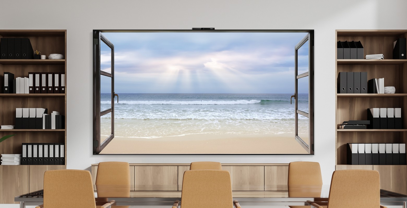 华为智慧屏 B9 展示海边风景，展示了智慧画框功能