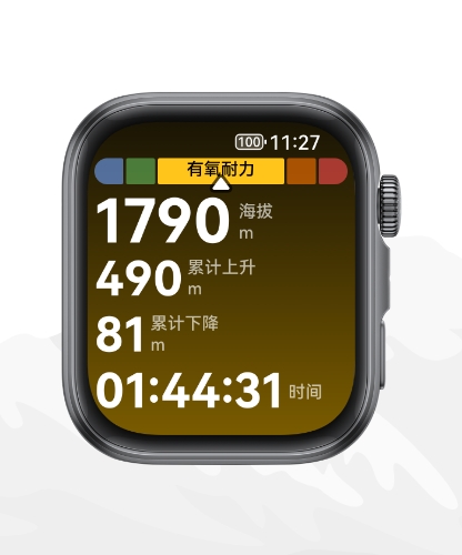 华为擎云 H3540 界面图，显示了步频、距离、心率、卡路里消耗等多种数据，展示了手表精准记录海拔爬升的功能