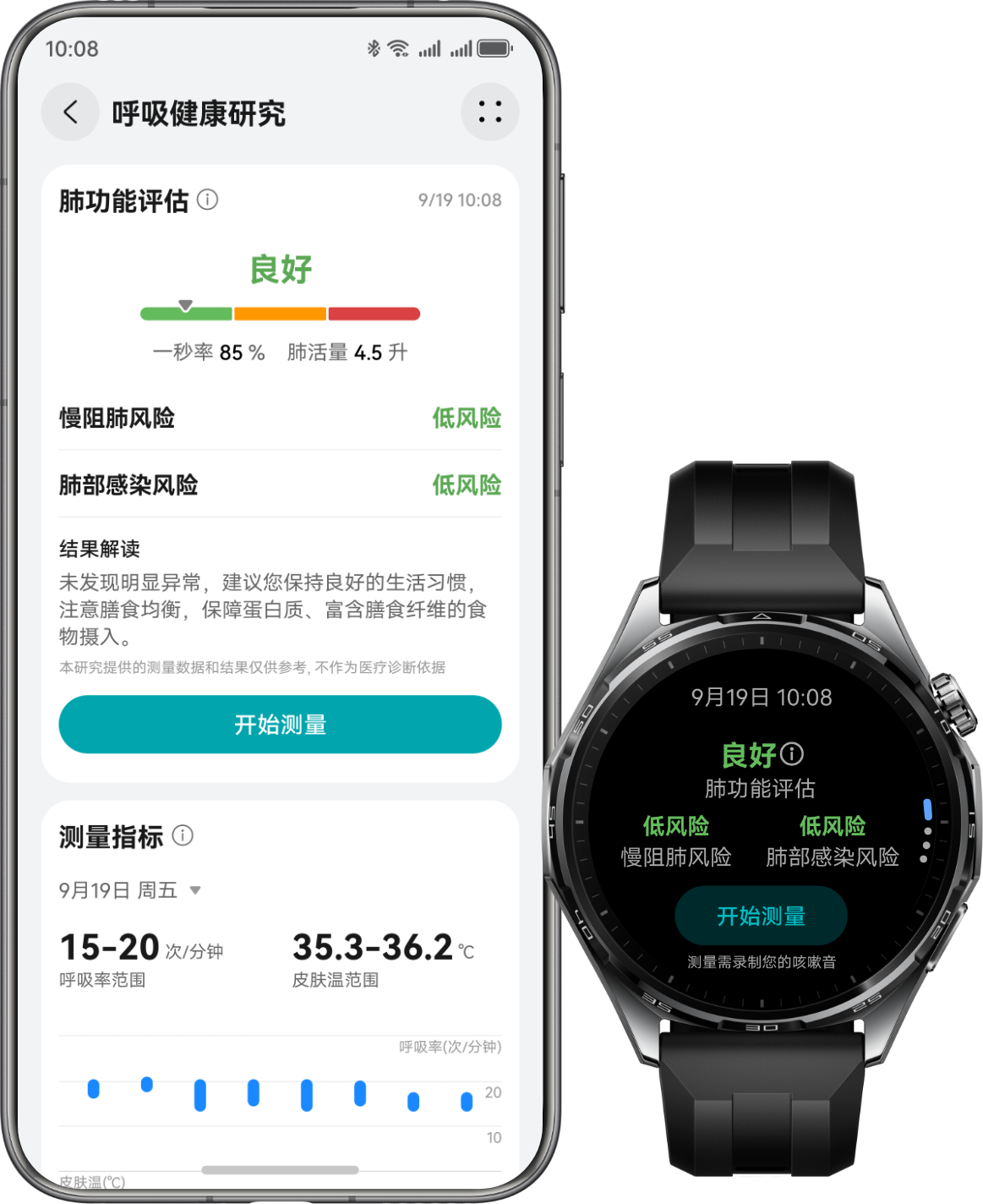 华为擎云 H5566 商用智能手表及华为手机正面图，展示了呼吸健康研究功能