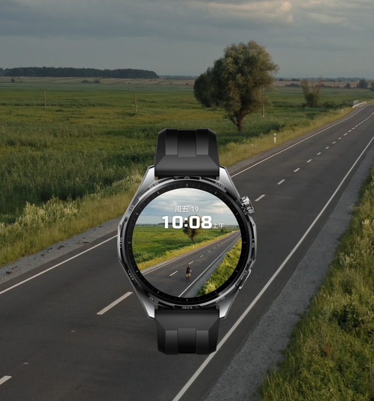 华为擎云 H5566 商用智能手表正视图，展示了视频表盘