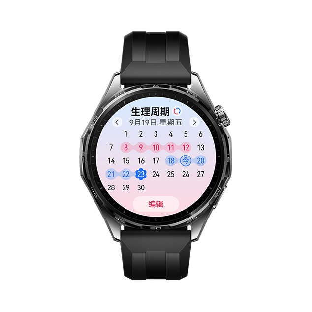 为华为擎云 H5566 商用智能手表正面图，展示了手表可结合心率、体温等生理指标，评估卵巢健康的功能