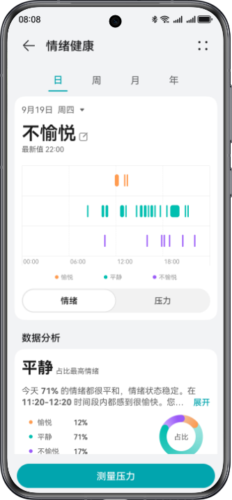 展示了华为擎云 H5756 情绪健康app的情绪推测功能，提供个性化建议，帮助舒缓身心，及时调节情绪