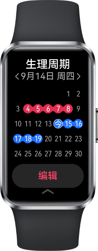 华为擎云 HA5A0 正视图，呈现女性经期月视图，展示了手环女性健康管理功能