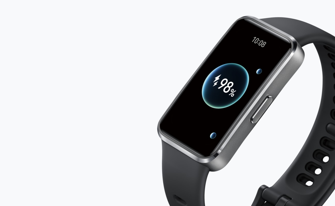 紫色华为擎云 HA5A0 侧视图，呈现充电界面，展示了手环的快充功能与持久续航