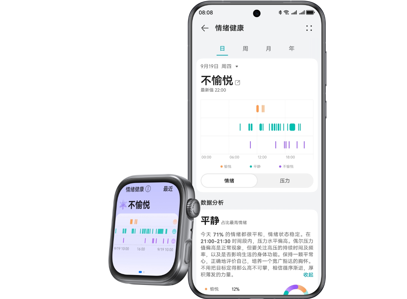 HUAWEI Smart Movement S1 侧角度图及手机界面图，展示了手表可提供科学解读建议，辅助保持良好情绪状态