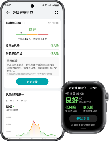 HUAWEI Smart Movement S1 正面图及手机界面图，展示了手表可辅助评估肺功能、筛查慢阻肺和肺部感染风险