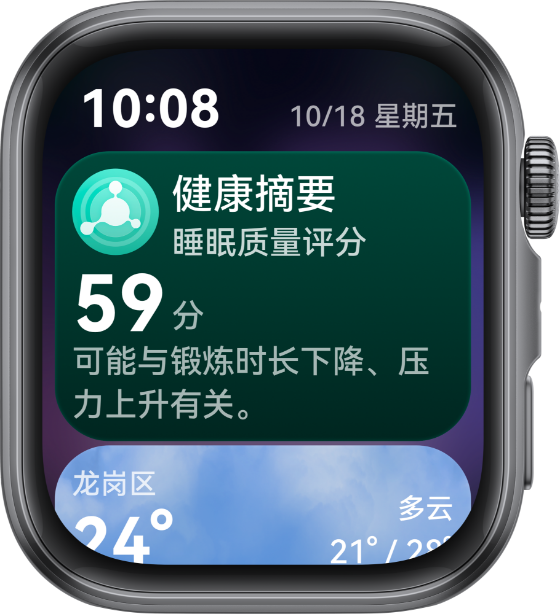 HUAWEI Smart Movement S1 正面图，展示了腕上健康摘要 app 跟踪健康趋势变化的功能