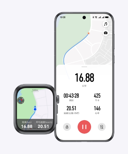 HUAWEI Smart Movement S1 正面图及手机界面图，展示了手表开启骑行模式，手机秒变码表