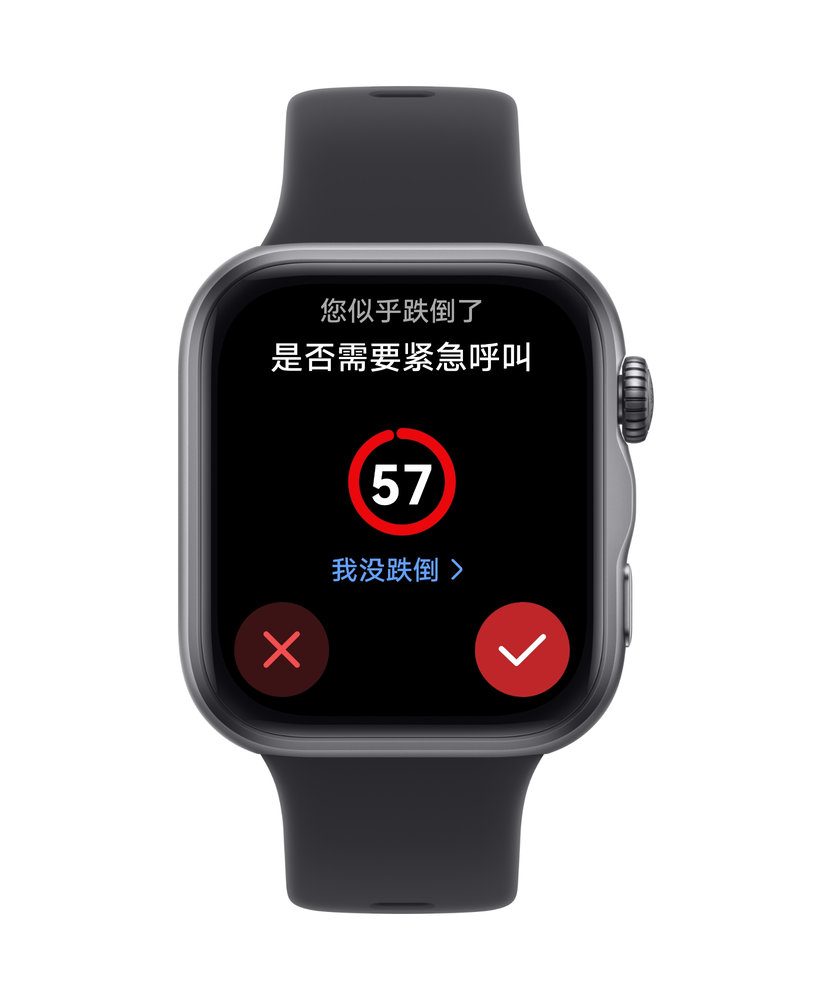 华为擎云 H3550 表盘显示紧急呼叫界面，展示了手表支持骑行意外跌倒检测的功能